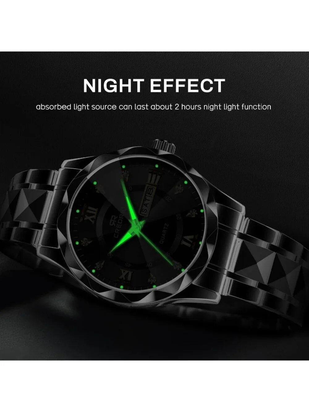 Mens Black Stainless Steel Waterproof Diamond Analog Quartz Luminous Wrist Watch